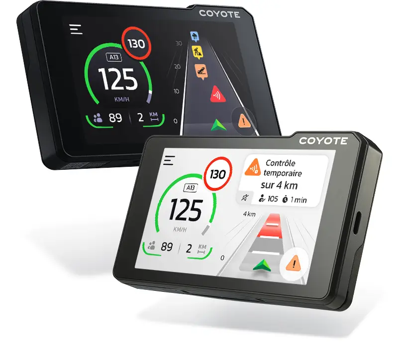 Boîtier GPS Coyote Max avec écran tactile 4 pouces affichant une alerte de conduite